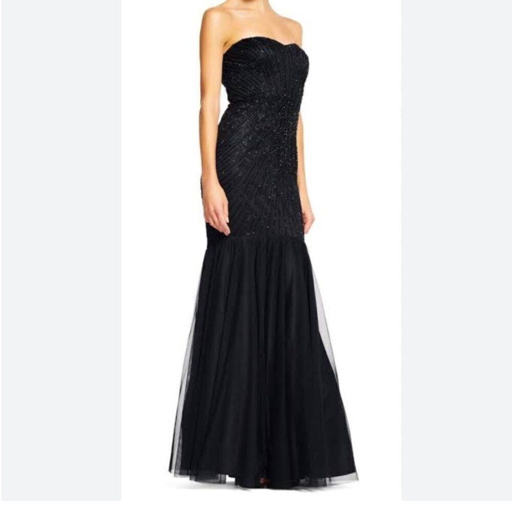 Adrianna Papell - Beaded Tulle Mermaid‎ Black Gown Dress Size 12 NEW WITH TAG